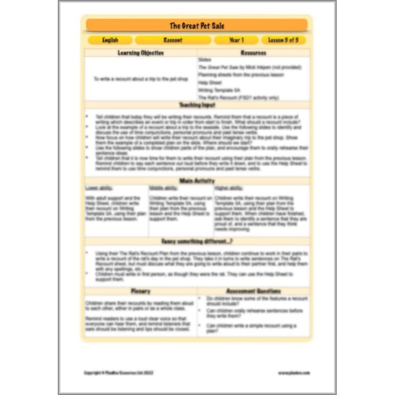 PlanBee The Great Pet Sale Resources KS1 | Year 1 English | PlanBee