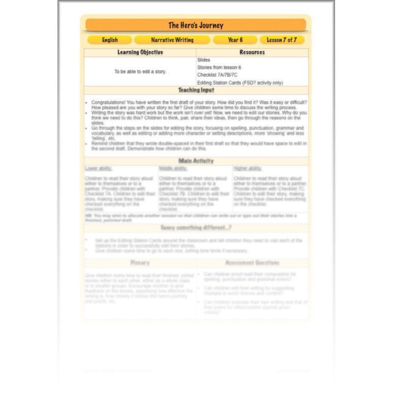 Year 6 Story Writing Lesson Planning | The Hero's Journey