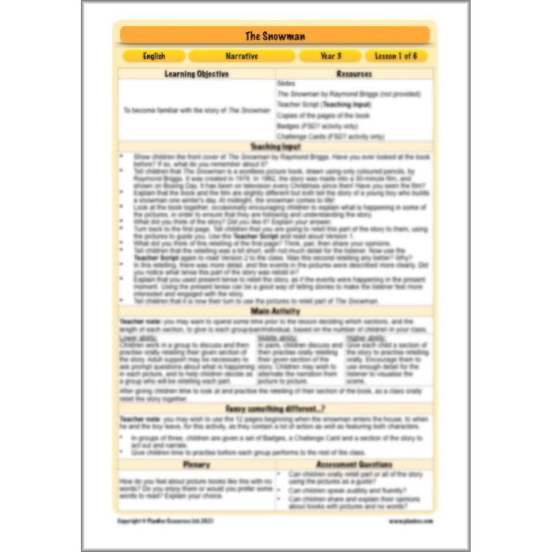 PlanBee The Snowman Activities Planning Pack | Year 3 English lessons