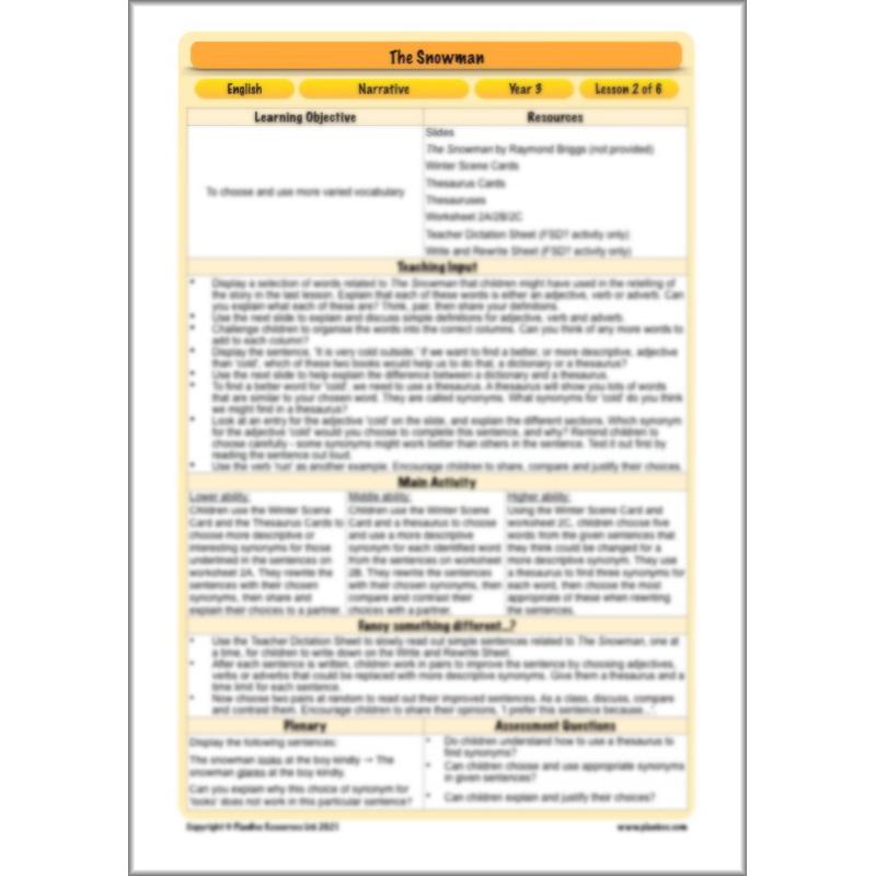 PlanBee The Snowman Activities Planning Pack | Year 3 English lessons