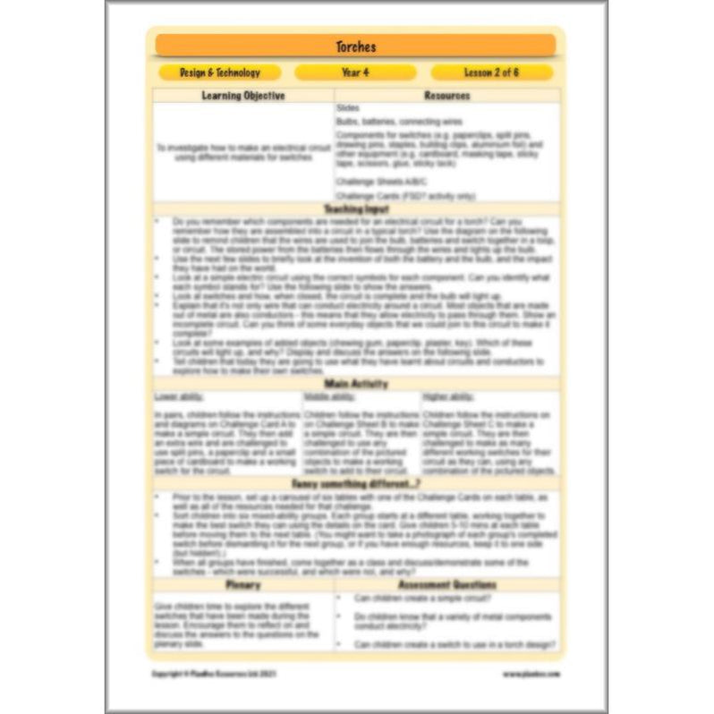 Torches KS2 Year 4 DT PDF lesson pack by PlanBee
