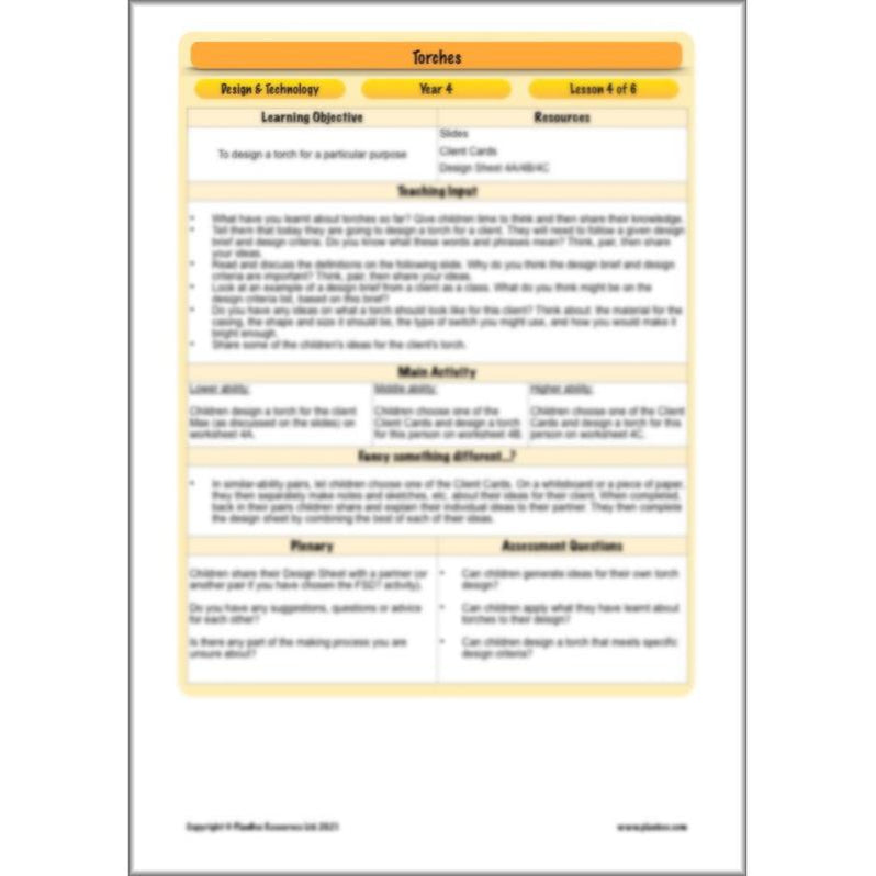 Torches KS2 Year 4 DT PDF lesson pack by PlanBee