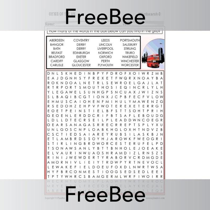 PlanBee Cities of the UK Word Search | PlanBee FreeBees