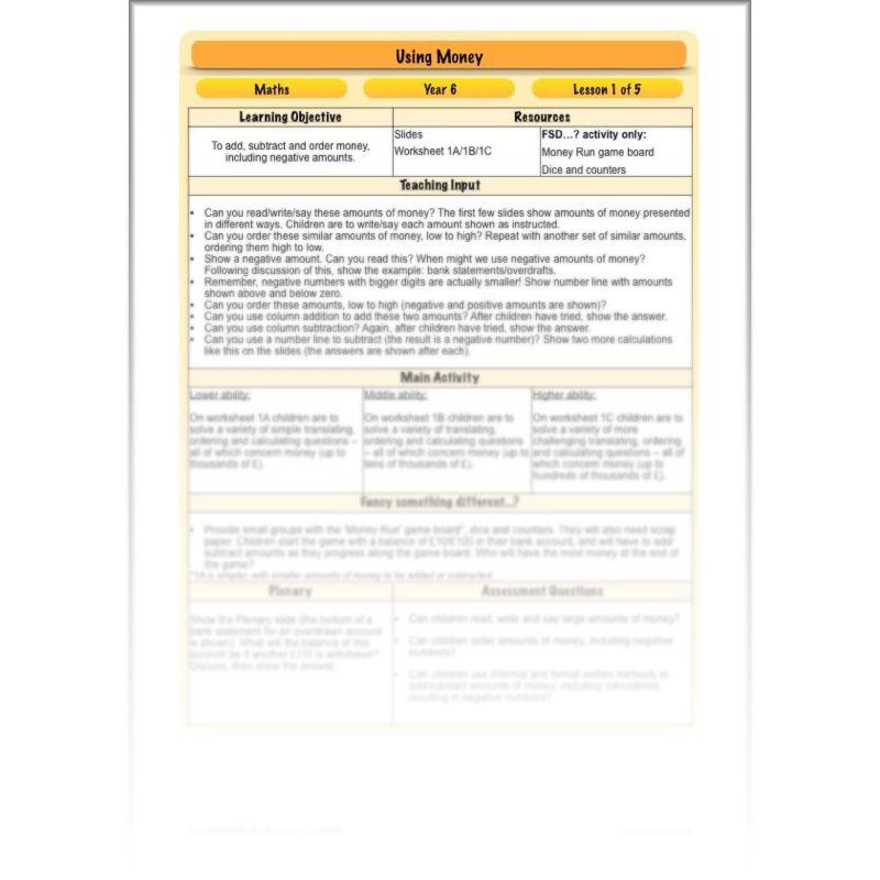 PlanBee Using Money - Complete Year 6 Maths Planning - Measurement