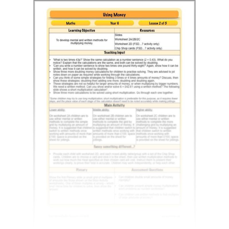 PlanBee Using Money - Complete Year 6 Maths Planning - Measurement