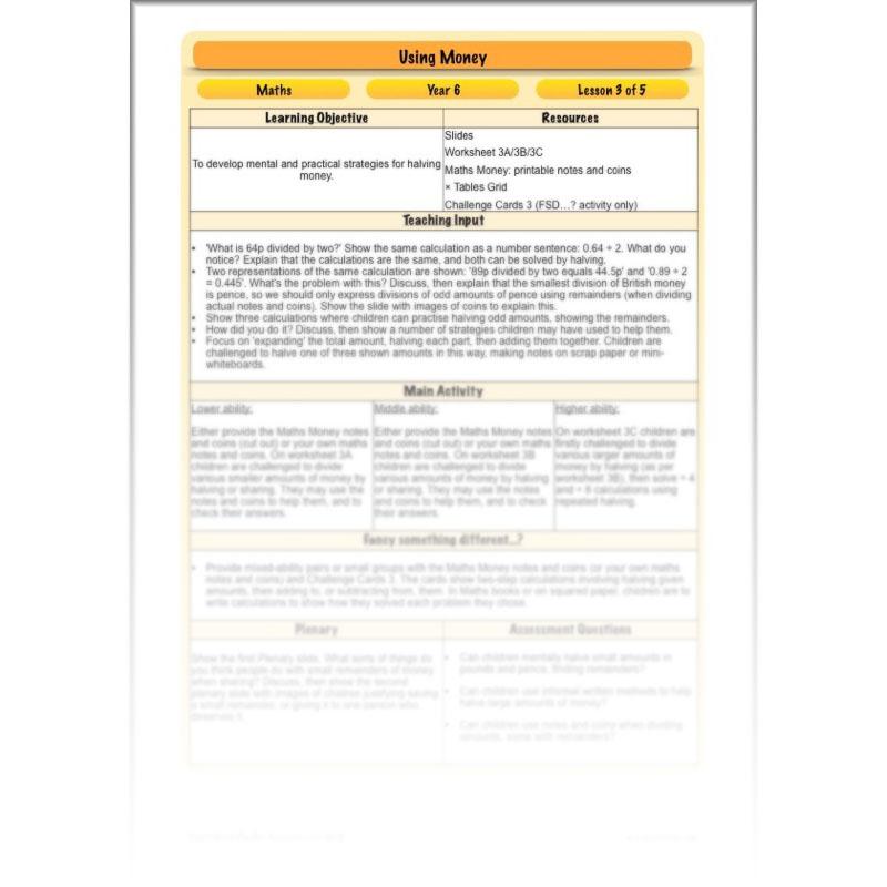 PlanBee Using Money - Complete Year 6 Maths Planning - Measurement