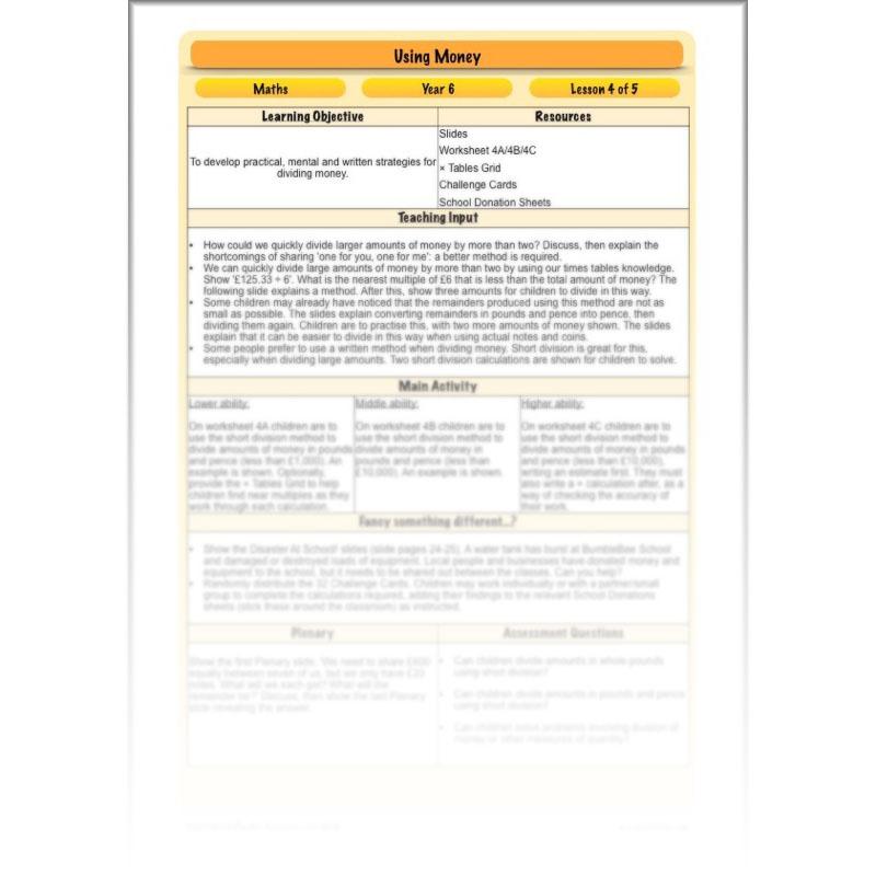 PlanBee Using Money - Complete Year 6 Maths Planning - Measurement