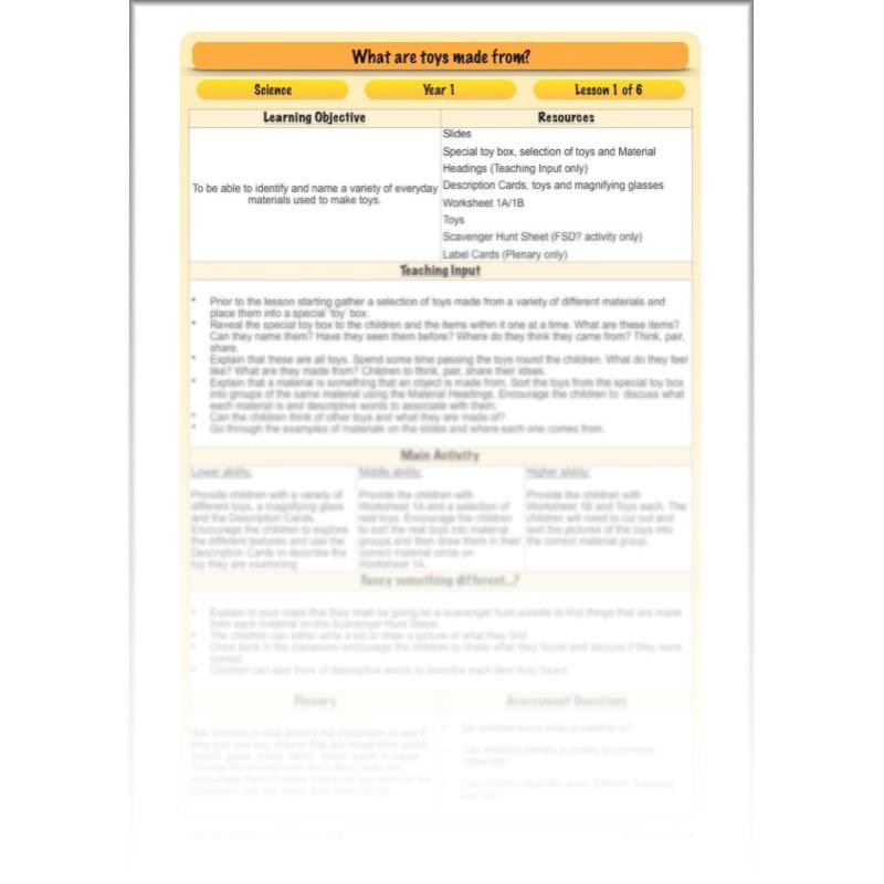 PlanBee Materials and their Properties KS1 Year 1 Science