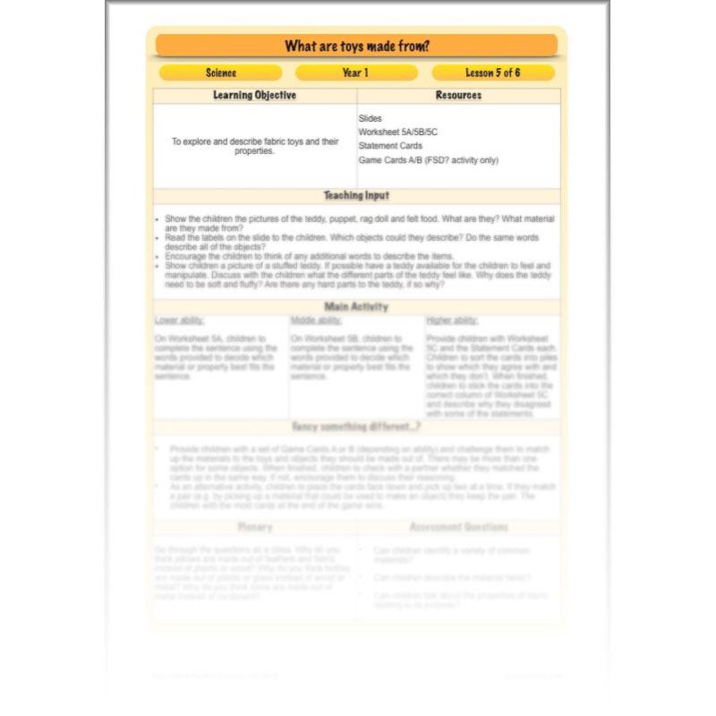 PlanBee Materials and their Properties KS1 Year 1 Science