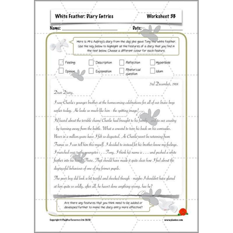 WW1 White Feather Diary Entries KS2 English Pack by PlanBee