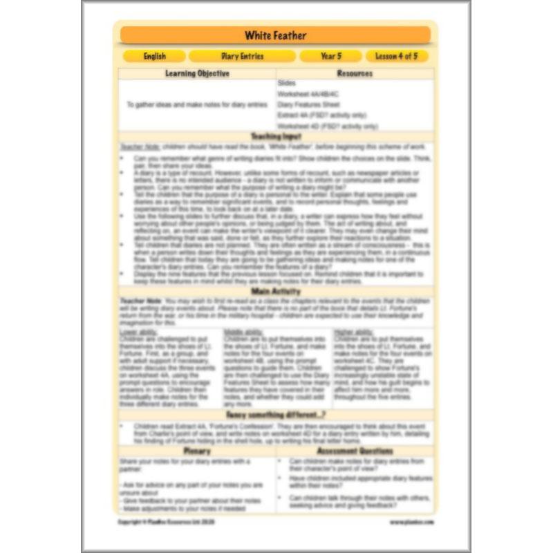 PlanBee White Feather Diary Entries KS2 English Planning Pack 
