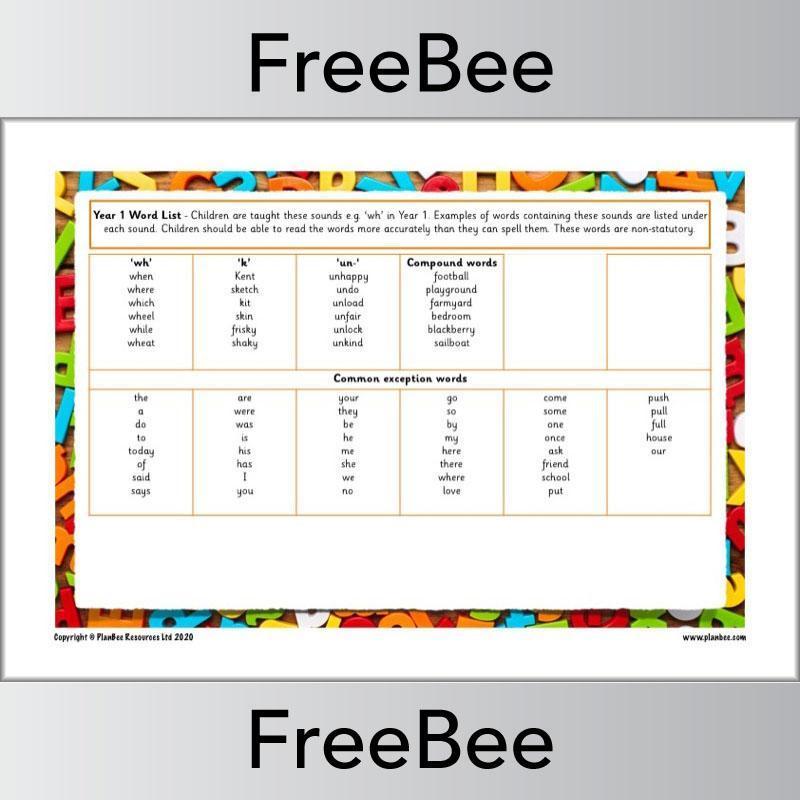 PlanBee Year 1 Spelling Words by PlanBee